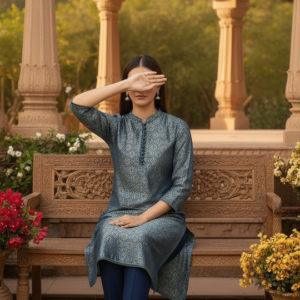Teal Blue Jamawar Shirt With Stitching Details